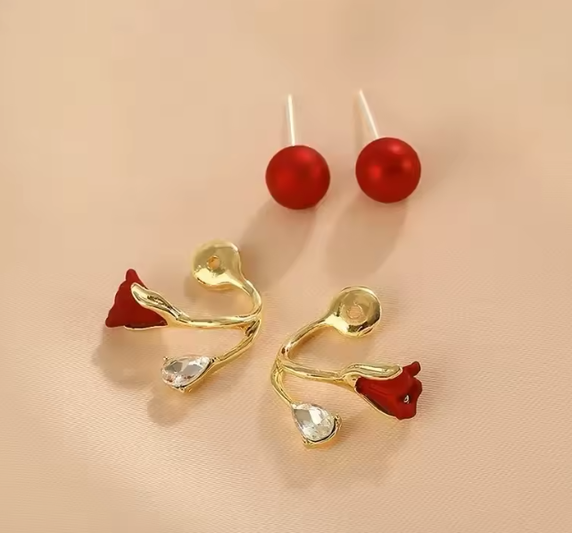 Pendientes Tulipán de Perla Elegante Rojo