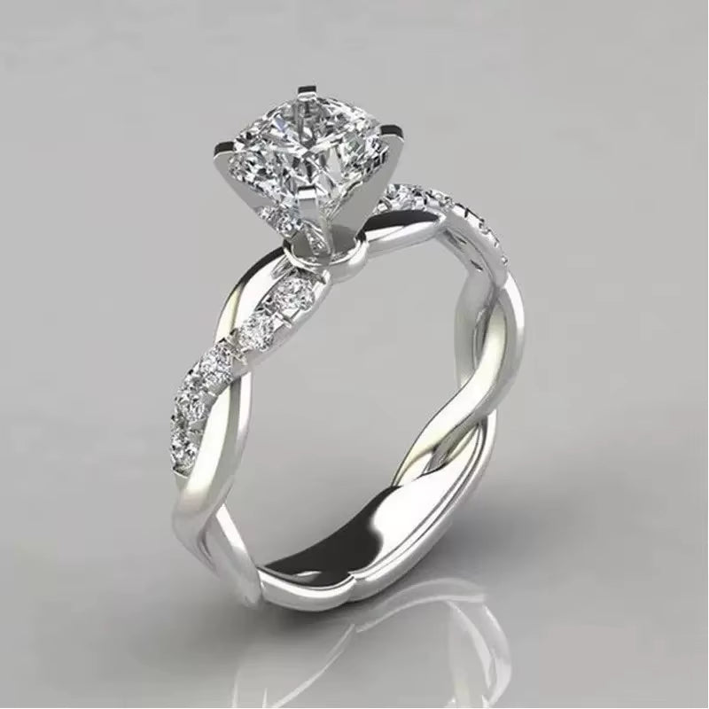 anillo de diamante cuadrado de princesa de oro rosa de aleación chapada en oro de 18k