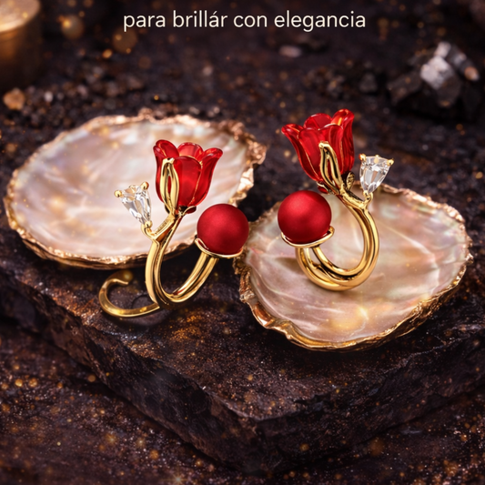 Pendientes Tulipán de Perla Elegante Rojo