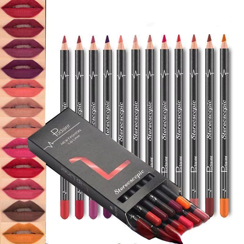 Set 12 lápiz labial resistente al agua lápiz delineador de labios 2x1