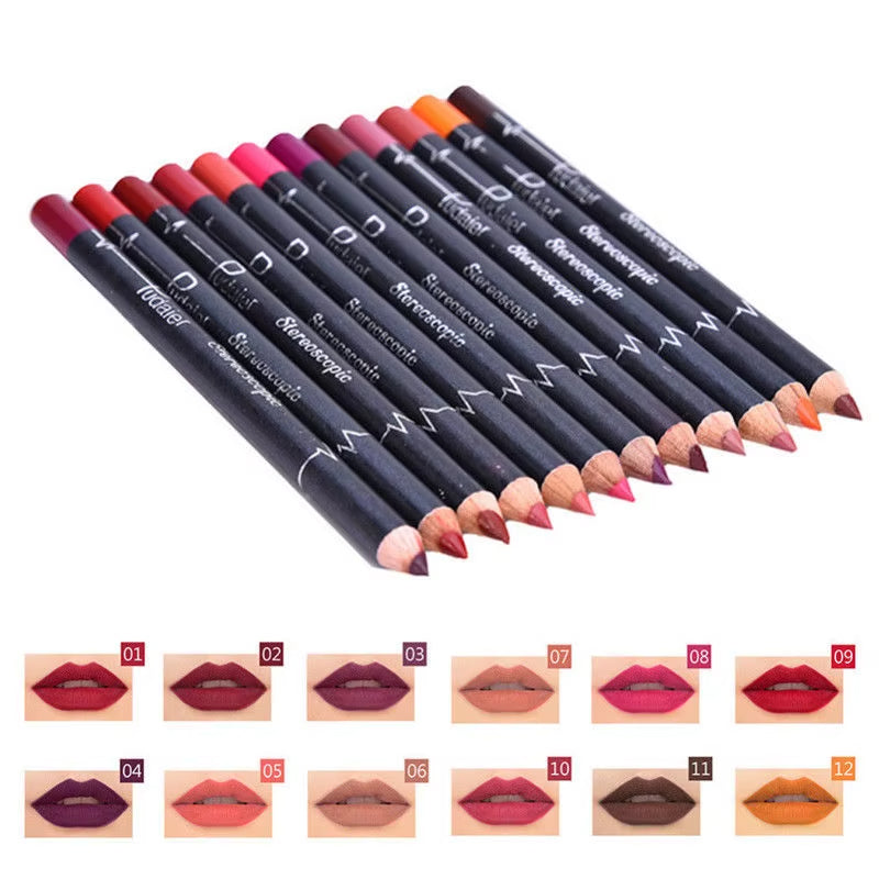 Set 12 lápiz labial resistente al agua lápiz delineador de labios 2x1